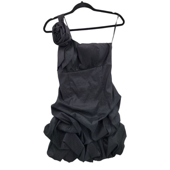 Forever 21 Dress Cocktail Avant-garde One Shoulder Ruffle 3D Rosette Black Sz M - Picture 3 of 10